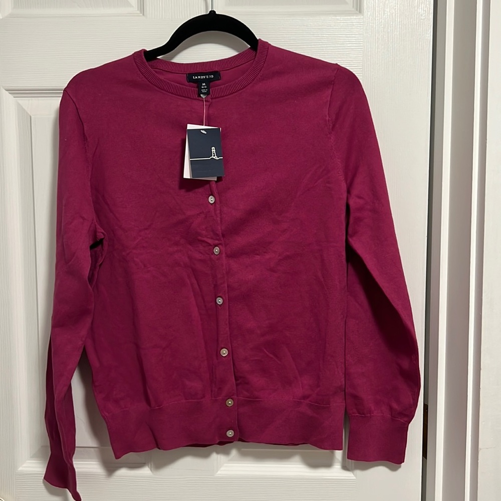 NWT - Land’s End Supima Cotton Crewneck Cardigan, Size M, Color Raspberry Plum